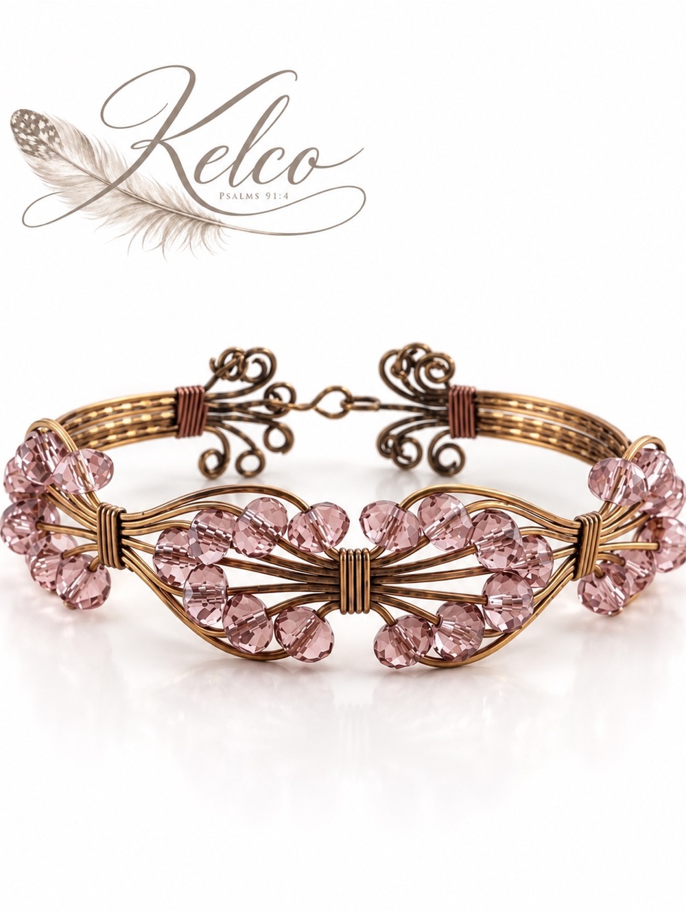 Wire Wrapped Bracelet with Pink Crystal 7”